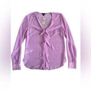 NWT Ann Taylor Light Pink Ruffle Blouse Transperent V neck Long Sleeve XS